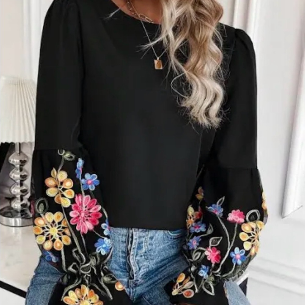 SHEIN Black Sheer Flowy Blouse with Colorful Lantern Embroidered Floral Sleeves - Picture 4 of 17